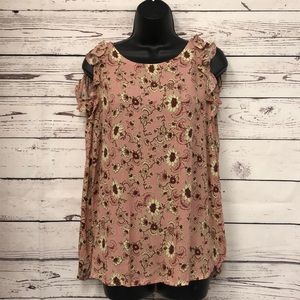 antique pink floral‎ ruffle cold shoulder blouse